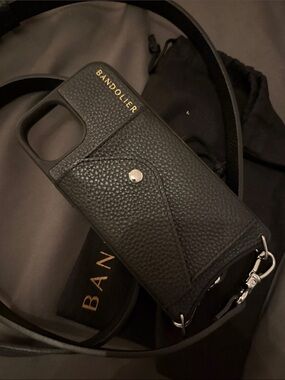Bandolier Black Leather Crossbody Phone Case with Adjustable Strap